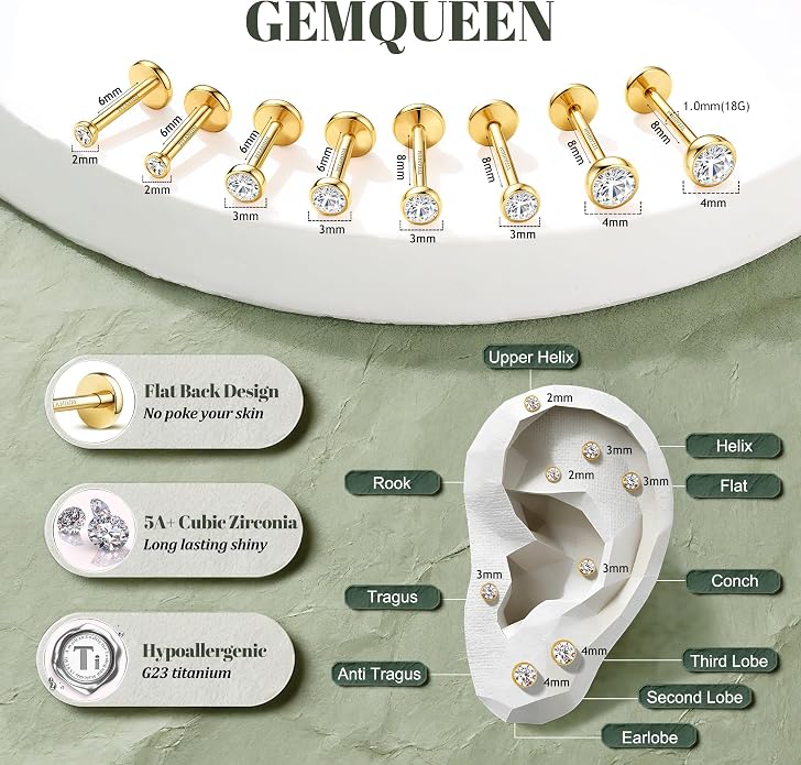 GEMQUEEN 4 Pairs 16G/18G/20G G23 Titanium Implant Grade Nose Studs Threadless Flat Back Earrings Hypoallergenic Flatback 5A CZ Cartilage Helix Tragus Conch Tiny Lip Piercing Jewelry for Women Men
