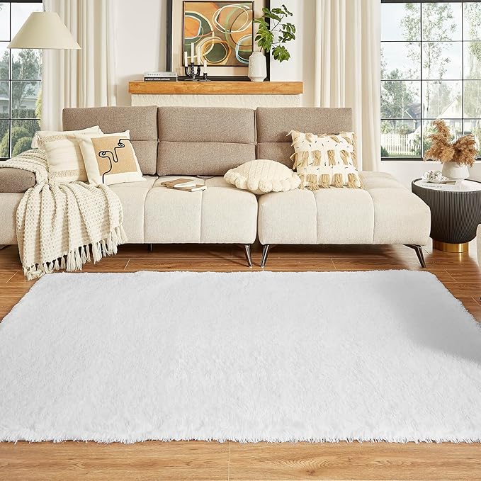 Floralux Bedroom Rug 9x12, Large White Shag Rugs for Living Room, Soft Fluffy Large Area Rug, Non-Slip Plush Modern Floor Carpet for Nursery, Dorm Home Decor Aesthetic
