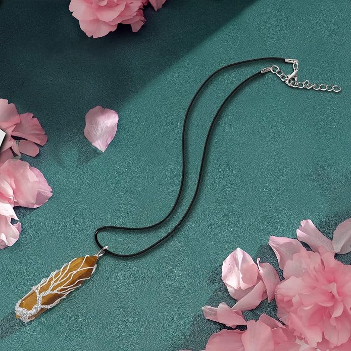 VIBILIA Healing Crystal Necklace Tree of Life Wire Wrapped Natural Stone Point Pendant Necklace Hexagonal Reiki Spiritual Quartz Gemstone Jewelry for Women Men