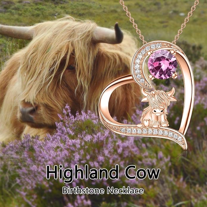 Highland Cow Gifts for Women 925 Sterling Silver Highland Cow Birthstone Necklace Fluffy Cow Jewelry Gifts Birthday Christmas