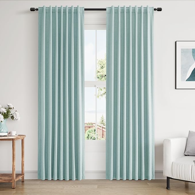 Guken 100% Blackout Linen Curtains 80 Inch Length 2 Panels Set for Living Room Bedroom Back Tab Thermal Insulated Black Out Linen Drapes Room Darkening Window Curtains,Light Blue