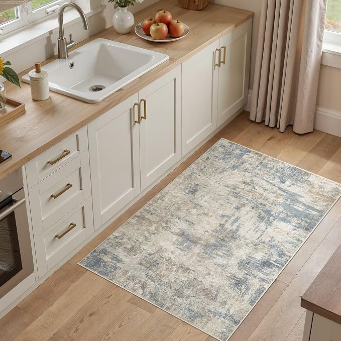 cotiled 3x5 Washable Rug Abstract Soft Non Slip Entryway Rugs | Stain Resistant, Robot Vacuum & Pet Friendly, Low-pile, For Living Room, Bedroom, Dining Table, Nursery Light Blue