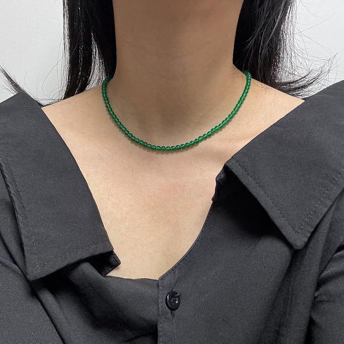 Kakikaki Natural Agate Choker Necklace Sterling Silver Round Beads Strand Necklace for Women