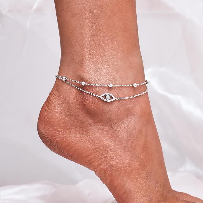 CHIC & ARTSY 925 Sterling Silver Ankle Bracelets for Women, Adjustable Layered Foot Chains with Nature & Symbol Charms, Lightweight Comfort Fit Boho Beach Everyday Jewelry