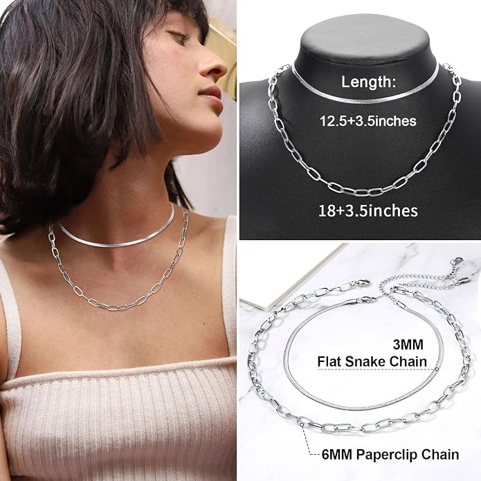 FOCALOOK 14K Gold Plated Necklaces for Women, Fashion Herringbone Choker Necklace Stainless Steel Flat Snake Chain 3/5MM(W) 12.5"/15"/18"+3.5"(L)