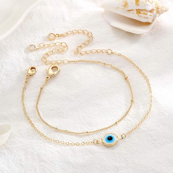 Dainty Gold Bracelets for Women, 14K Gold Plated Adjustable Layered Beads Bracelet Cute Evil Eye Oval Chain Pearl Bar Turtle Gold Bracelets for Women Jewelry