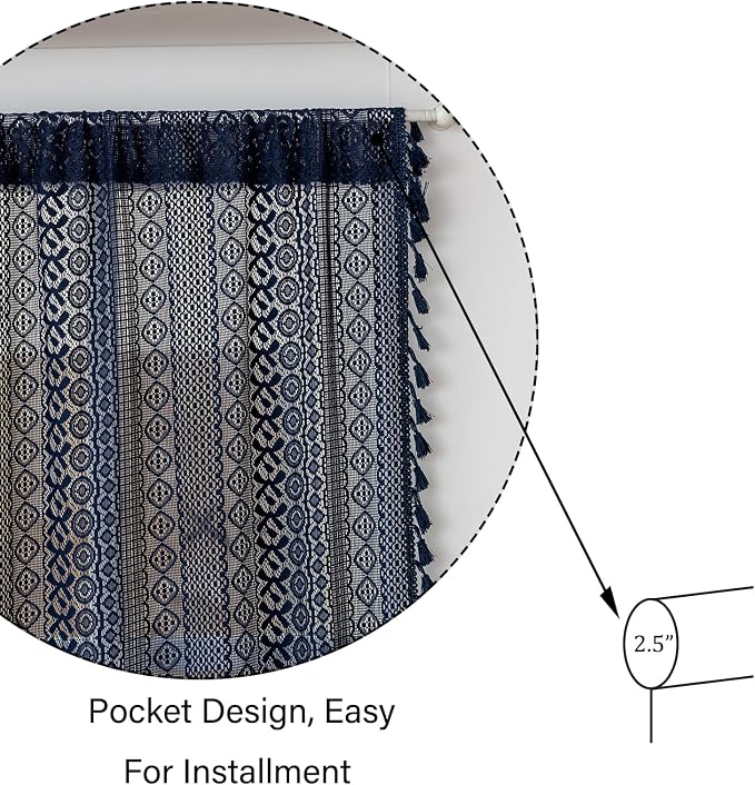 Sutuo Home French Door Curtains Set of 2 for Front Door & Drapery Glass, Boho French Country Style Tassels Vintage Chic Geometric Drapes for Sidelights Patio Decor, Rod Pocket 25" W x 40" L Navy Blue