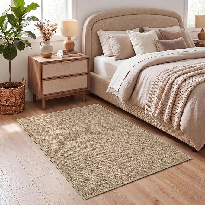 GarveeHome 2x3 Small Easy Jute Area Rugs Washable Modern Solid Bedroom Rugs | Indoor Non Slip Living Room Throw Carpet Stain Resistant Neutral Door Mat for Entryway Nursery Kitchen Dorm Kids Room, Tan