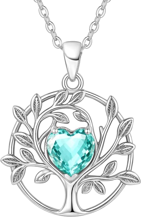 ADITA GOLD Tree of Life Necklace for Women, 925 Sterling Silver Birthstone Pendant, Simulated Gemstone, Jewelry