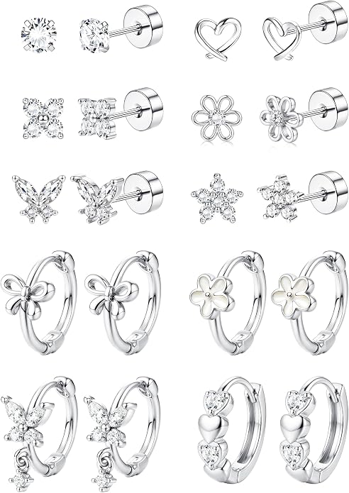 SAILIMUE Hypoallergenic Flat Back Earrings for Girls Women - Cute Toddler Kids Earrings Set Surgical Stainless Steel Earring for Sensitive Ears Small 14K Gold Plated Stud Hoop Earring Stacks