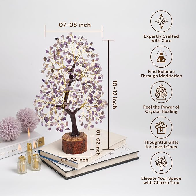 Amethyst Crystal Tree of Life 10-12 Inch with 2 Chakra Pendants – Healing Gemstone Bonsai Money Tree for Positive Energy, Feng Shui & Reiki, Spiritual Home Decor & Gifts for Women