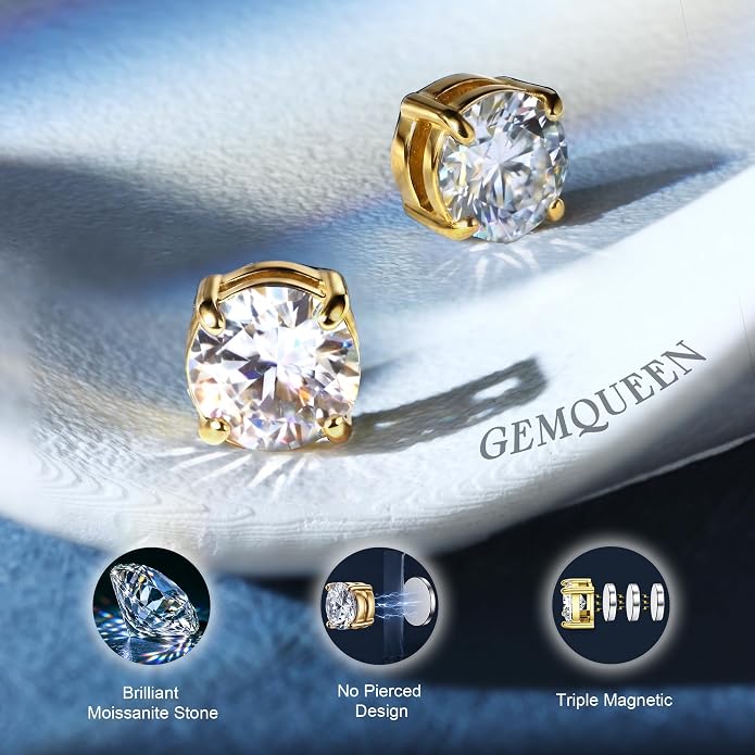 GEMQUEEN Moissanite Magnetic Earrings for Men Women : 18K White Gold Plated Hypoallergenic Stainless Steel Non Piercing Clip on Fake Earrings Studs Dainty Moissanite Earring Jewelry D Color VVS1