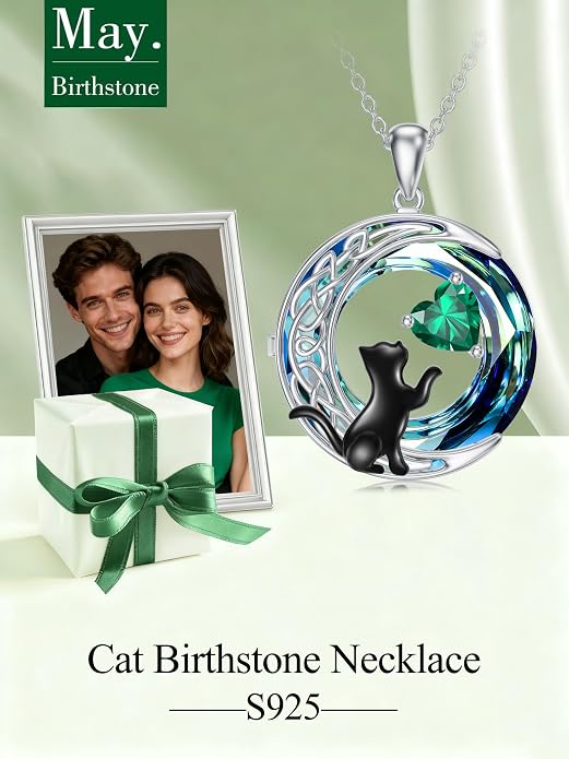 TOUPOP Cat Gifts for Cats Lovers 925 Sterling Silver Black Cat Necklace Celtic Moon Birthstone Jewelry for Women Anniversary Birthday Gift for Her Wife Mom