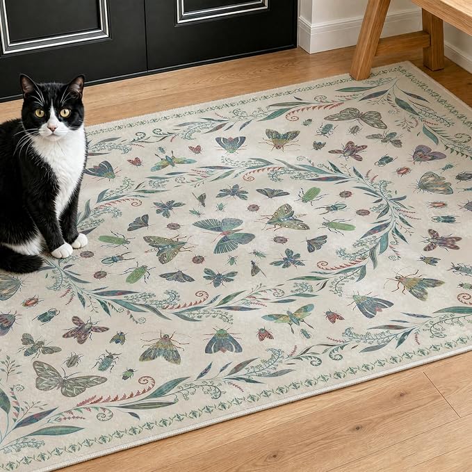 Washable Beige Green Large Entryway Rug, 3x5 Area Rugs for Laundry Room, Kitchen, Bedroom, Dorm, Insect Print Vintage Floral Non-Slip Throw Rug Low Pile Stain Resistance