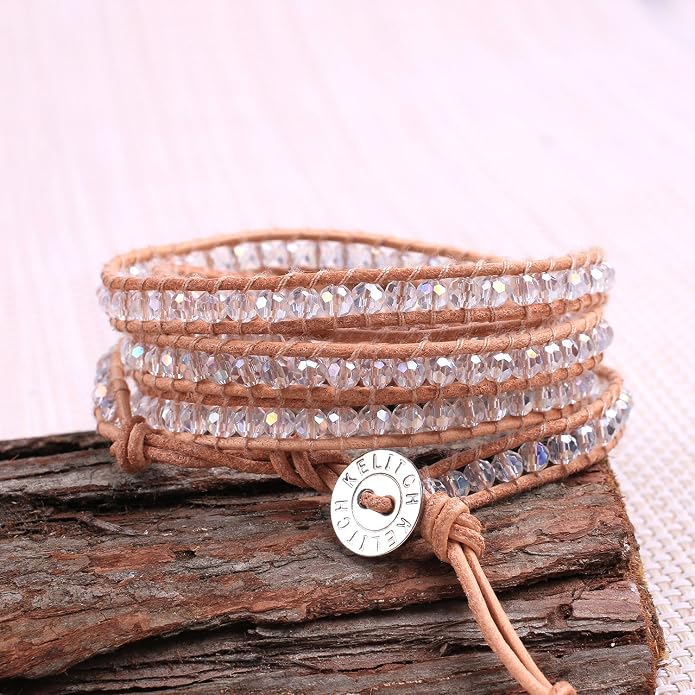 KELITCH Women Friendship Bracelets Crystal Beads 5 Wrap Bracelet Leather Handmade Boho Jewelry