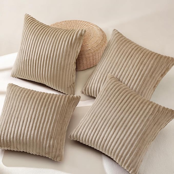 decorUhome Flannel Light Brown Throw Pillow Covers 18X18 Set of 4 | Decorative Fall Soft Fluffy Striped Double-Sided Couch Pillow Covers, Modern Farmhouse Pillow Cases for Sofa bed Home Decor