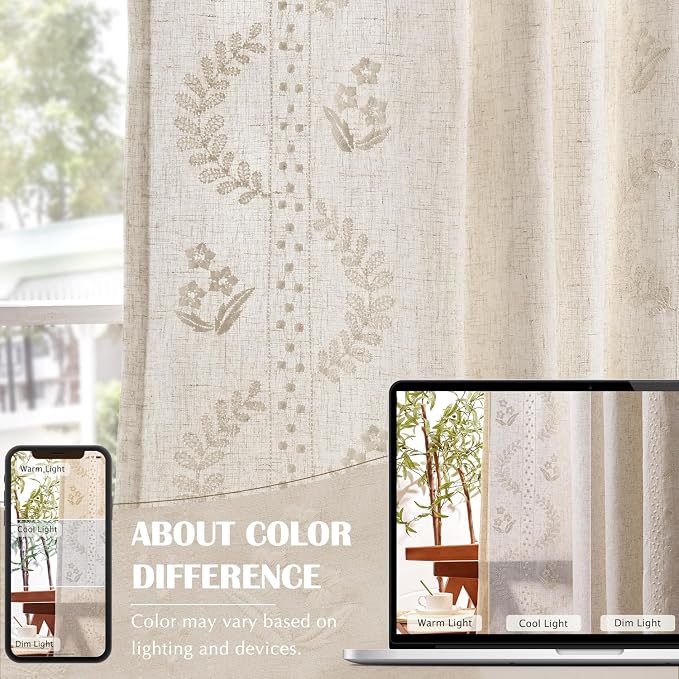 jinchan Floral Lined Linen Curtains 63 Inch Rod Pocket 2 Panels Ivory | Embroidered curtains,privacy lining,boho curtains,light filtering,living room,bedroom,flower patterned,window treatment