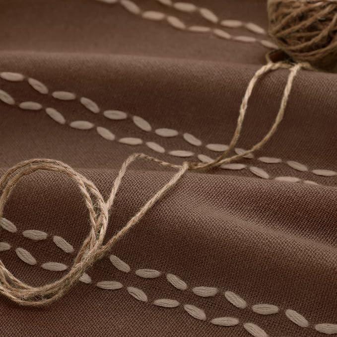 Brown Boho Blackout Curtains 2 Panels 84 Inch for Living Room Bedroom, Linen Texture Farmhouse Curtains with Tassels and White Cotton Embroidery Vintage