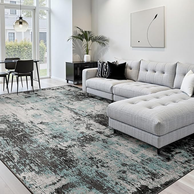 RELEANY Washable Area Rugs 10'x14 Non-Slip Modern Abstract Soft for Living Room Entryway Bedroom Kitchen, Print Pattern, Blue Black Teal