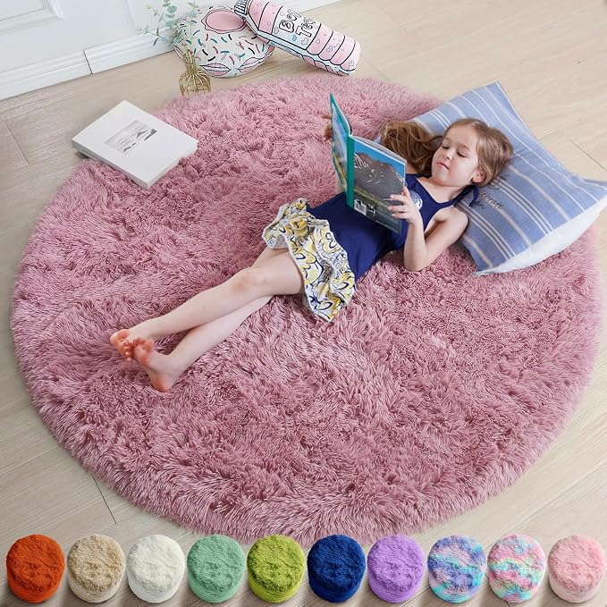 Amdrebio Mauve Pink Round Circle Rug 4Ft for Girls Bedroom, Cute Fluffy Fuzzy Area Rugs for Kids Room Decor Aesthetic, Shaggy Circular Carpet for Nursery Classroom Dorm, Furry Dusty Rose Blush Rug