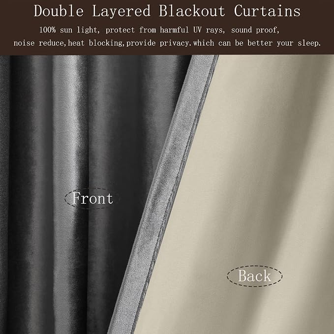 100% Blackout Grey Velvet Curtains 90 inch Long for Living Room,Elegant 2 Panels Back Tab Thermal Insulated Room Darkening Curtain with Liner Heavy Noice Reducing Soundproof Window Drapes for Bedroom