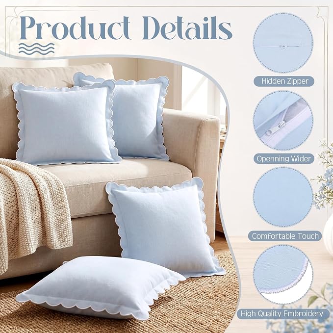 4 Pcs Blue Scalloped Pillow Covers 18x18 Inch Scallop Grandmillennial Decorative Couch Throw Pillows Granny Chic Pillowcases for Farmhouse Sofa, Couch, Outdoor Patio Decor
