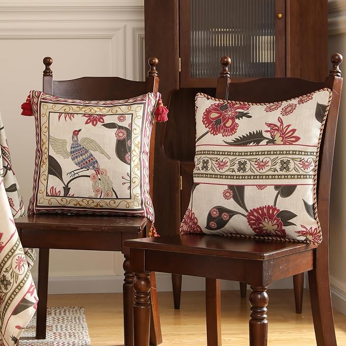 patdrea Designer Vintage Linen Throw Pillow Cover,Set of 4-Schumacher | Elegant Decorative Pillow Case,Bird Pattern with Tassel Pendant,Cushion Coverfor Couch Living Room Bedroom Sofa