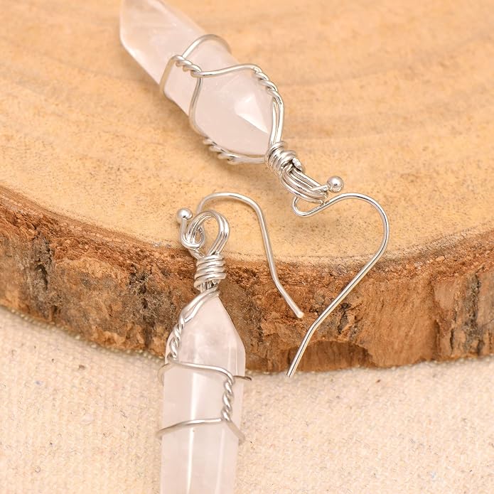 Polished Stone Wire Wrapped Point Crystal Earrings for Women Reiki Energy Healing