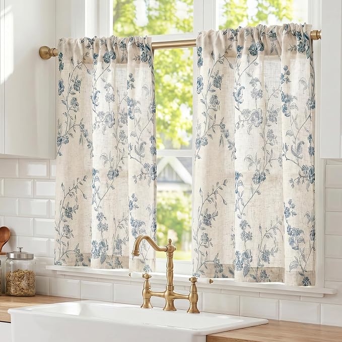 Lazzzy Elisa Floral Kitchen Curtains 36 Inch Linen Cafe Curtains Farmhouse Half Window Drapes Over Sink Light Filtering for Small Windows Rod Pocket Back Tab 2 Panels Blue on Beige