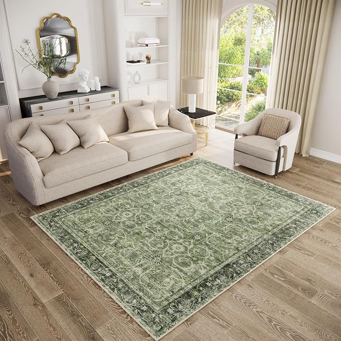 Washable Rugs for Living Room: 5x7 Area Rugs for Bedroom Ultra Soft Non-Slip Stain Resistant Vintage Boho Large Carpet for High-Traffic Dining Room - Farmhouse Decor