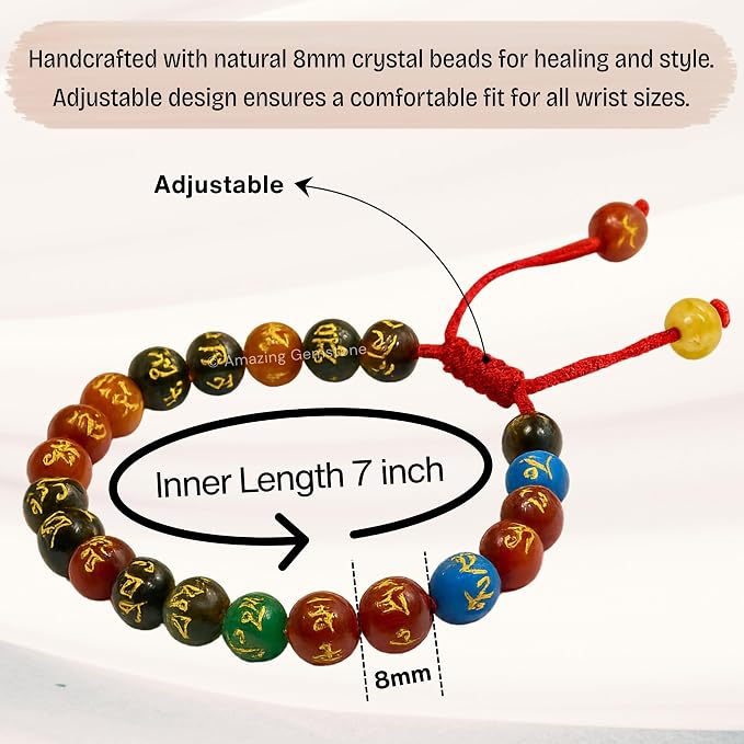 Amazing Gemstone Om Mani Multi Gems Bracelet for Women Men's Gifts - Protection Healing Crystal Bracelet - 8mm Gemstones Beaded Adjustable Bracelet Pulseras para Hombres Mujer Stocking Stuffers