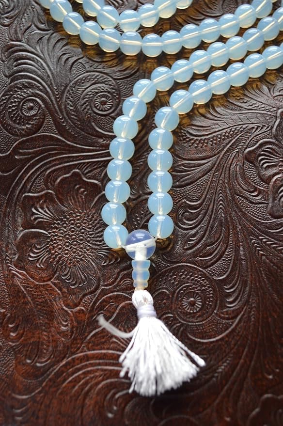 Opal Opalite Moonstone Necklace, 8mm 108 Mala Beads, Libra Sun Sign, Crown Chakra