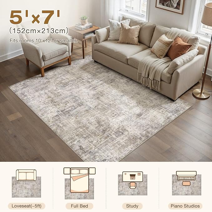 cotiled Washable 5x7 Area Rug for Living Room - Modern Abstract Carpet with Non-Slip Backing, Low Pile & Soft, Stain Resistant, Kid & Pet Friendly Decor for Bedroom & Dining Room - Brown Grey