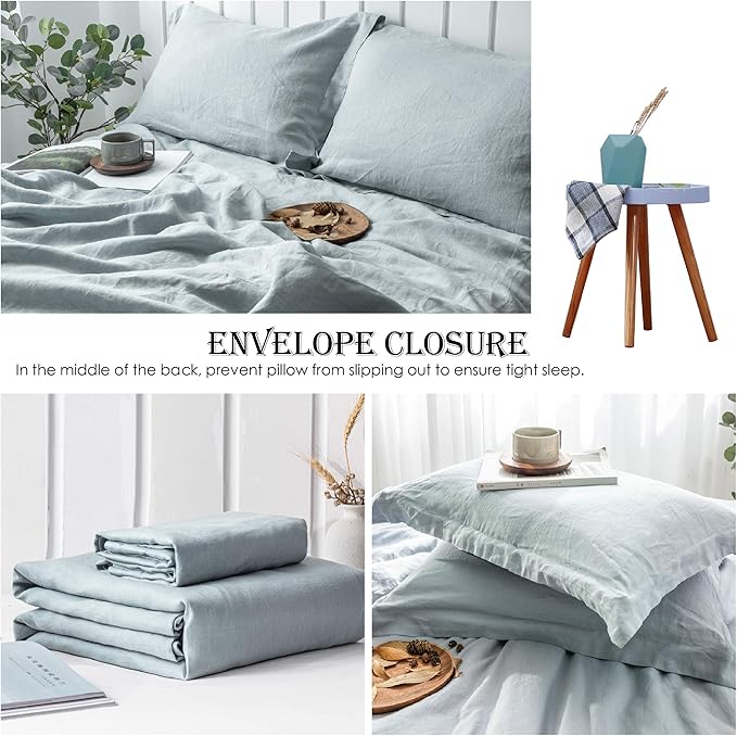 Simple&Opulence 100% Linen Duvet Cover Set 3pcs Basic Style Natural French Washed Flax Solid Color Soft Breathable Farmhouse Bedding with Button Closure - Dusty Blue, Full