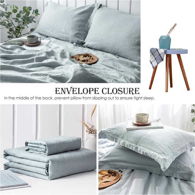 Simple&Opulence 100% Linen Duvet Cover Set 3pcs Basic Style Natural French Washed Flax Solid Color Soft Breathable Farmhouse Bedding with Button Closure - Dusty Blue, California King