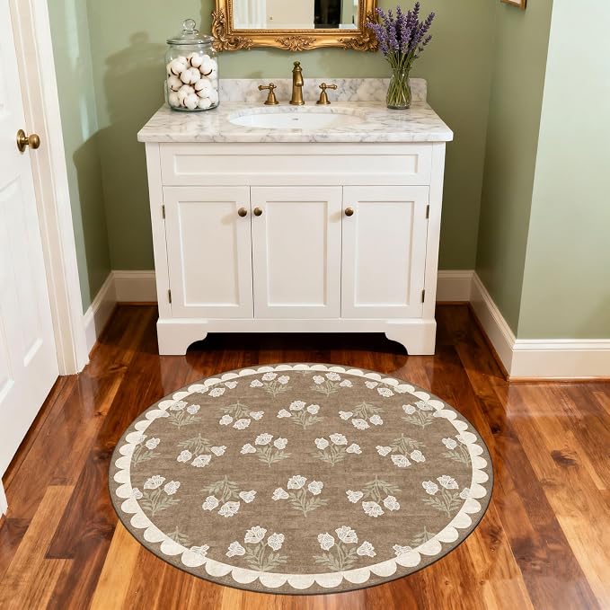 Tan 3ft Round Rug for Entryway - 3x3 Small Washable Floral Neutral Farmhouse Scalloped Round Rug for Bedroom Non Slip Front Door Mat Indoor Stain Resistant Circle Rugs for Bathroom Kitchen
