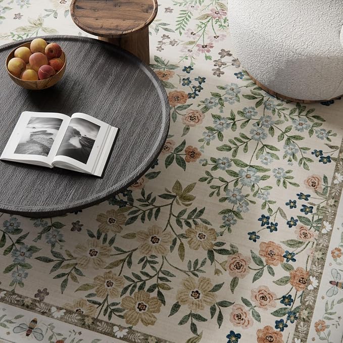 Washable Area Rug for Living Room: 9x12 Area Rugs for Bedroom Vintage Stain Resistant Non Slip Low Pile Soft Indoor Carpet Rug for Kitchen Dining Room Farmhouse Kids Room Nursery