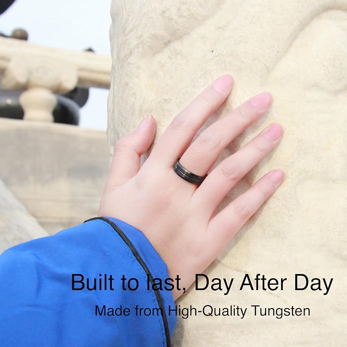 LerchPhi Tungsten Wedding Band for Men, Engraved and Customizable Promise Rings for Him and Her, Width 6MM 8MM Size 6-14, Center Grooved Beveled Edge, Comfort Fit