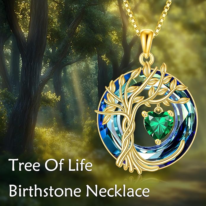 POPLYKE Mothers Day Gifts for Mom Her Wife Tree of Life Necklace 925 Sterling Silver Birthstone Pendant with Crystal Anniversary Birthday Wedding Jewelry for Women