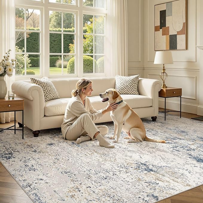 DMOYEST Area Rug Living Room Rugs - 8x10 Abstract Large Soft Indoor Washable Rug Neutral Modern Low Pile Carpet for Bedroom Dining Room Farmhouse Home Office - Beige Blue