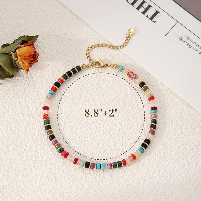 Natural Stone Beaded Anklets for Women Teen Girl Gifts Trendy Stuff Boho Anklet Colorful Bead Ankle Bracelets for Women Waterproof Handmade Beach Gifts Summer Jewelry Birthday Christmas Gift