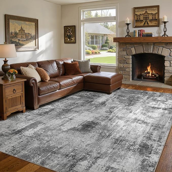 DMOYEST 10x14 Area Rug for Living Room, Washable & Non Slip Large Indoor Carpet, Kid & Pet Friendly Soft Thin Low Pile Abstract Rug for Bedroom and Office - Black