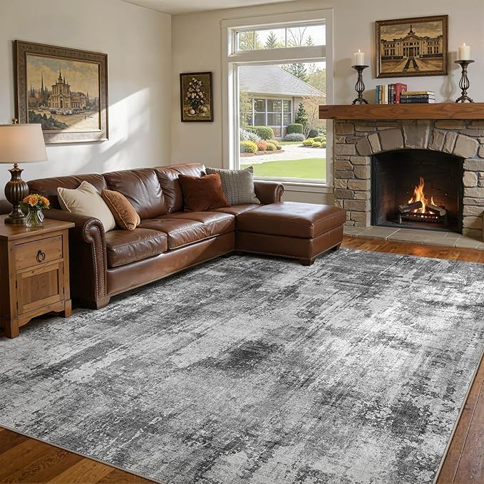 DMOYEST 10x12 Area Rug for Living Room, Washable & Non Slip Large Indoor Carpet, Kid & Pet Friendly Soft Thin Low Pile Abstract Rug for Bedroom and Office - Black