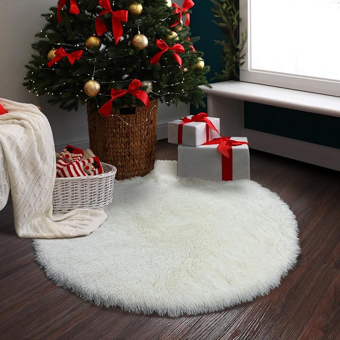 Amdrebio Ivory White Small Round Rug 3Ft for Kids Bedroom Aesthetic, Fluffy Fuzzy Furry Circle Area Rugs for Living Room, Circular Plush Soft Shaggy Cream Carpet for Baby Nursery Dorm Teen Girls Boys