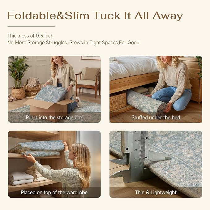 5x7 Blue Washable Area Rug Non Slip Retro Distressed Carpet | Soft Low Pile, Lightweight Foldable, Pet Friendly, Living Room, Bedroom, Dining Room, Classroom, Playroom