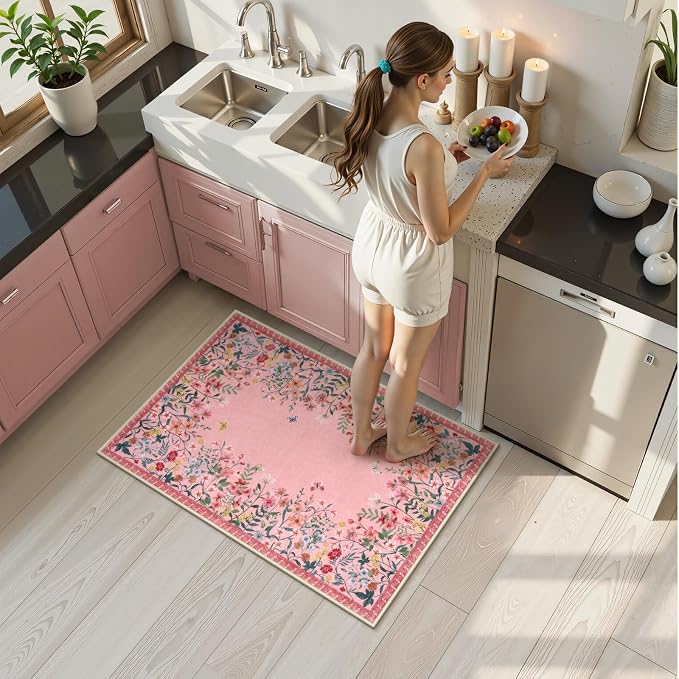 Wonnitar 2x3 Washable Area Rug, Small Pink Kitchen Mat, Boho Floral Bathroom Rug, Non Slip Accent Rug for Bedroom Bedside, Ultra Thin Laundry Door Mat Decor (2x3 Pink)