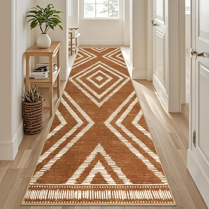 Boho Hallway Runner Rugs 3x10ft Non Slip, Long Brown Washable Kitchen Rug Runners Non Shedding, Geometric Floor Carpet for Bedroom Farmhouse Entryway Living Room Home Decor