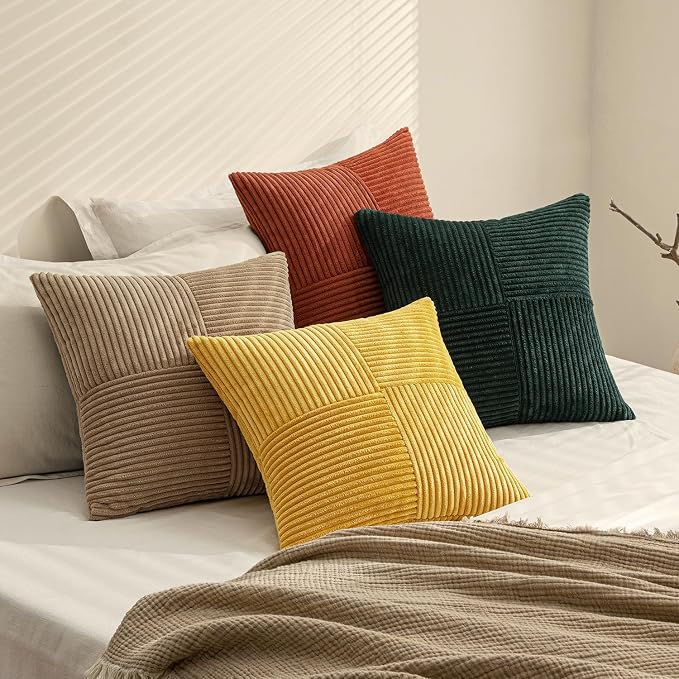MIULEE Fall Green Rust Throw Pillow Covers 20x20 Inch Set of 4 Boho Farmhouse Soft Corduroy Striped Cushion Cases Decorative Color-Clash Home Decor for Couch Sofa Living Room Bed