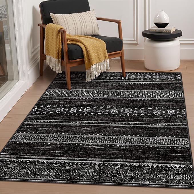 BESTSWEETIE 4x6 Area Rugs for Living Room Washable Moroccan Farmhouse Neutral Geometric Low Pile Non-Slip Soft Print Pattern Rug for Bedroom Kitchen Dining Room Entryway Black/White