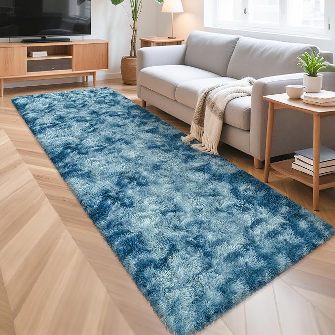 3x10ft Plush High Pile Blue Tie-Dyed Rug Fluffy Soft Runner Bedside Rug for Bedroom Living Room Hallway Nursery Kids Home Decor Shag Carpet